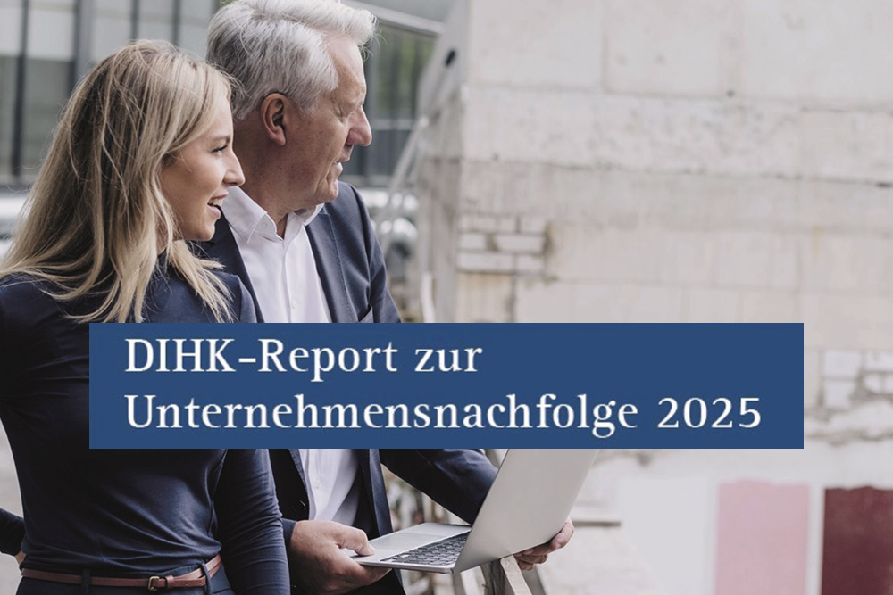 Sie sehen den Titel Report Unternehmensnachfolge 2025 der DIHK mit aktuellen Zahlen zu den Unternehmen und Übergabechancen im Bund und Land Brandenburg.