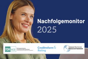 Das Bild zeigt eine junge Frau interessiert am Laptop und die Überschrift Nachfolgemonitor 2025.