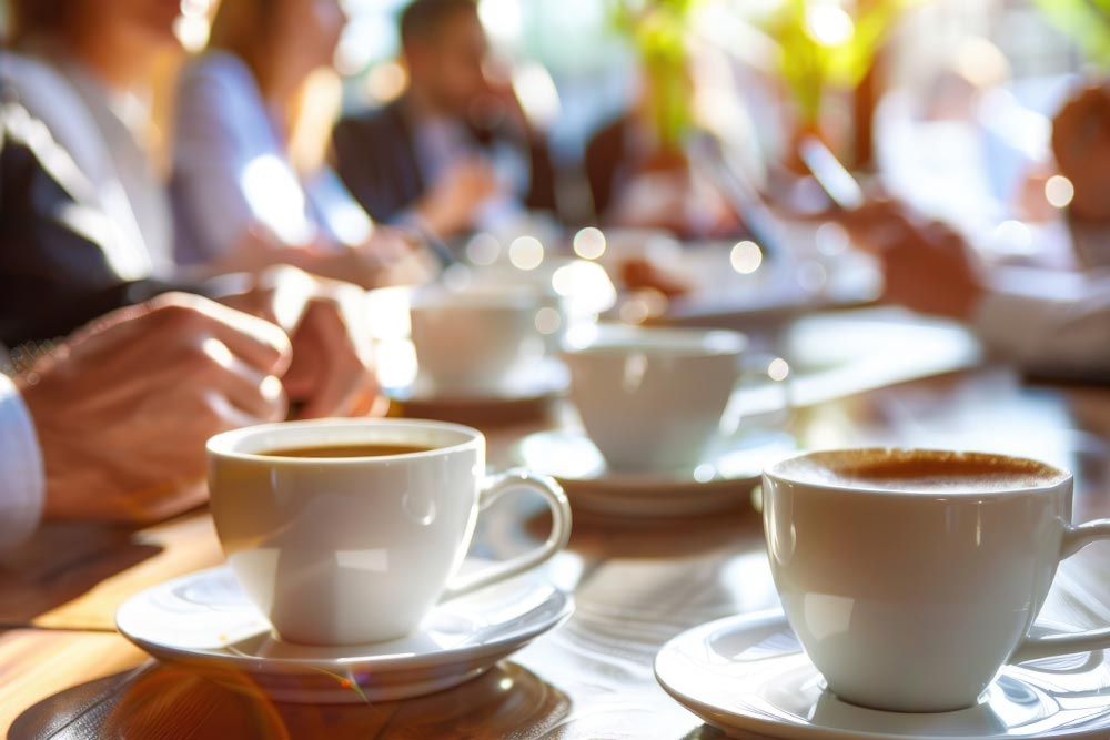 Das Bild zeigt eine Nahaufnahme von Kaffeetassen auf einem Tisch an dem im Hintergrund viele menschen sitzen und sich unterhalten und dient als Beitragsbild zu den kommenden Informationsfrühstücken 2026 der Bürgschaftsbank Brandenburg