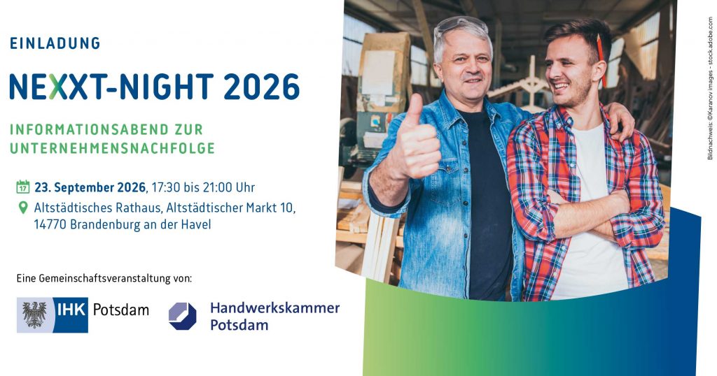 Das Titelbild zeigt den Veranstaltungsflyer zur IHK HWK Nexxt Night 2026 mit einem alten Handwerksmeister, der den Arm um seinen Nachfolger und Gesellen legt und symbolisch eine erfolgreiche Übergabe eines Handwerksbetriebes an die nächste Generation zeigt