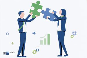 Grafik zwei Männchen halten gemeinsam Puzzleteile und dient als Titelbild zur Einladung zum Nachfolgetag Brandenburg „It‘s a match“ der Bürgschaftsbank Brandenburg